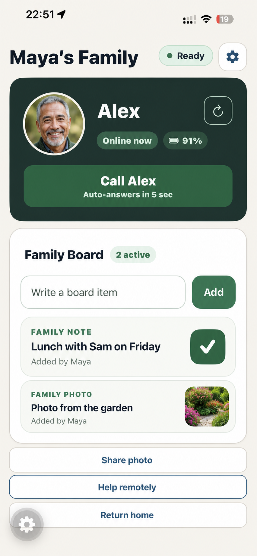Family Circle on iPhone showing a fictional family Board, a call button and remote-help controls.