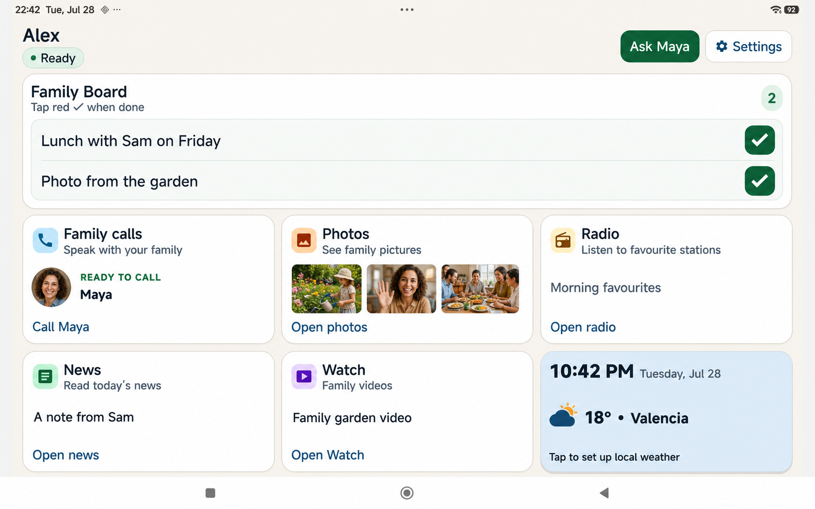 Family Circle on an Android tablet showing calls, photos, a shared Board and everyday family updates.